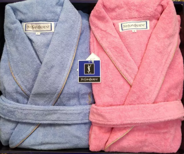 Yves Saint Laurent Bathrobe Blue Pink Set Cotton Size L and M Vintage Auth