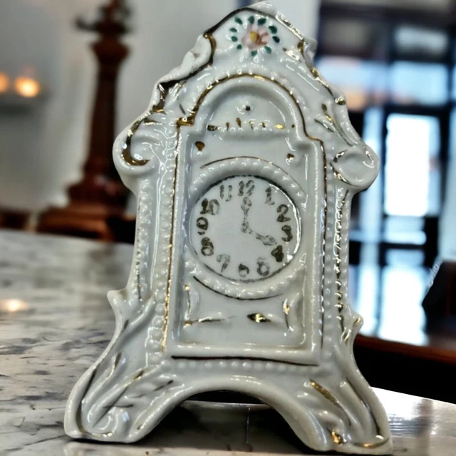 Vintage Porcelain Mini Clock Figure, Japan,  3 3/4” Small Fancy White & Gold