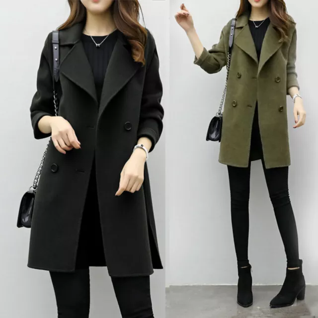 Womens Lapel Wool Coat Trench Jacket Winter Long Parka Overcoat Loose Outwear