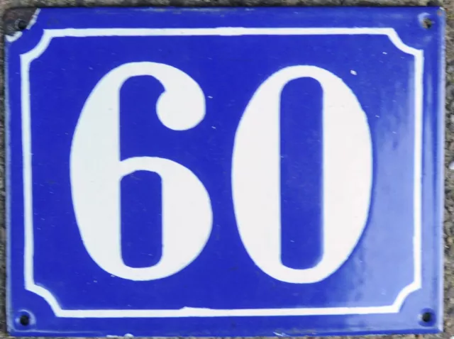 Large old blue French house number 60 door gate plate plaque enamel metal sign