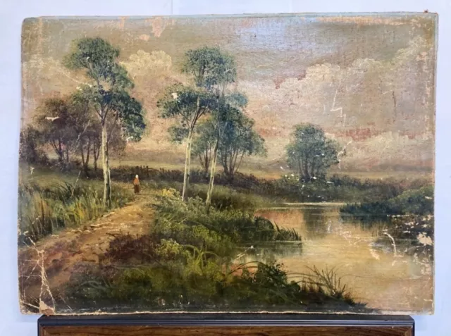 Original Antique Victorian Oil Painting Lady Walking By River Fine Quality Rare