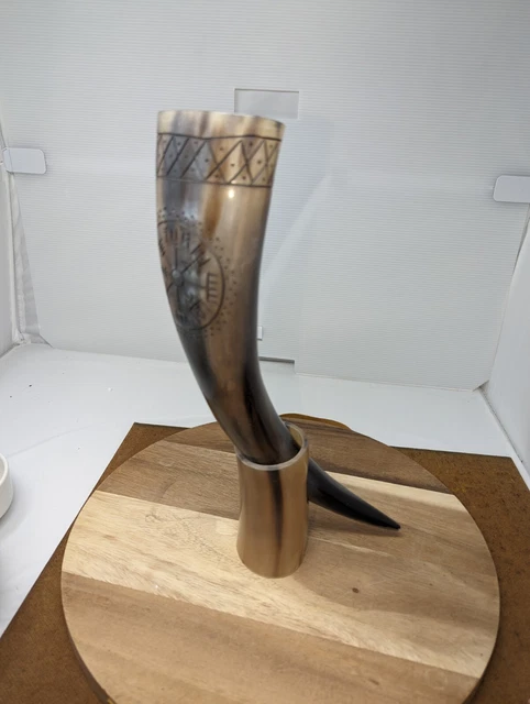 Large Viking, natural drinking horn with stand ornately engraved beautiful