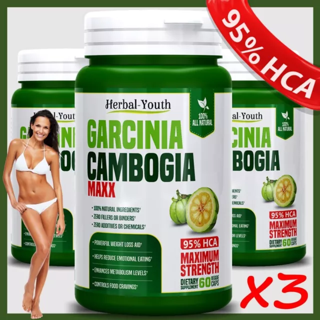 3 x 3000mg GARCINIA CAMBOGIA MAXX 95%HCA Weight Loss 180 EXTRACT Veggie Capsules