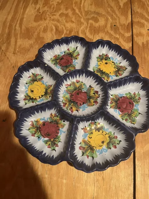 Hand-painted Portuguese Ceramic Divided Appetizer Dish Blue with Flowers EUC