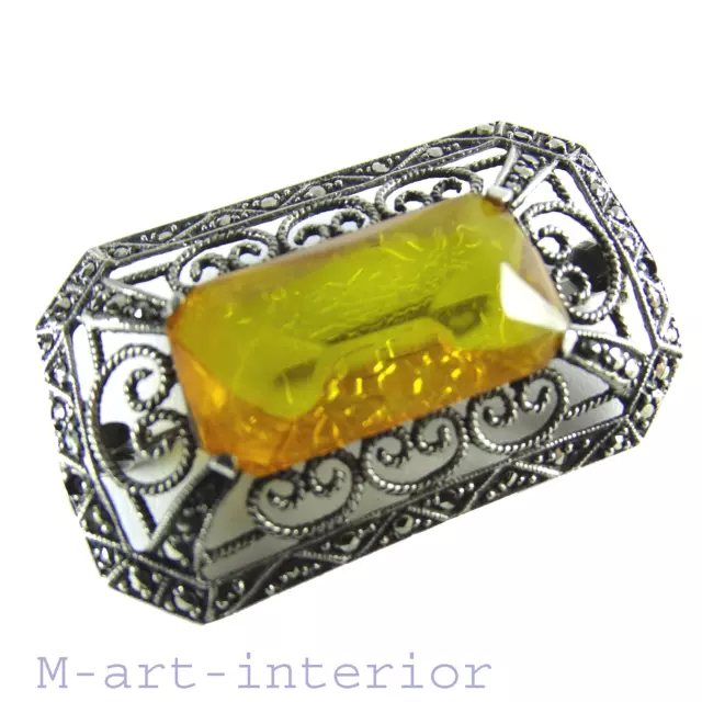 Art Deco Bernstein Silber Brosche Markasiten silver amber marcasite brooch 1920