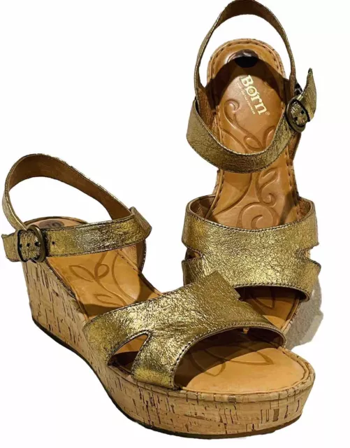 Born Cork Wedge Gold Leather Strappy Sandals Womens US Size 10M