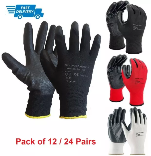 24 Pairs Pu Coated Safety Work Gloves Glove Garden Grip Mens Builders Gardening