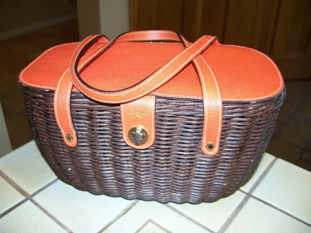 Kate Spade Wicker Basket  Picnic Purse Orange Leather Polka Dot FREE SHIP