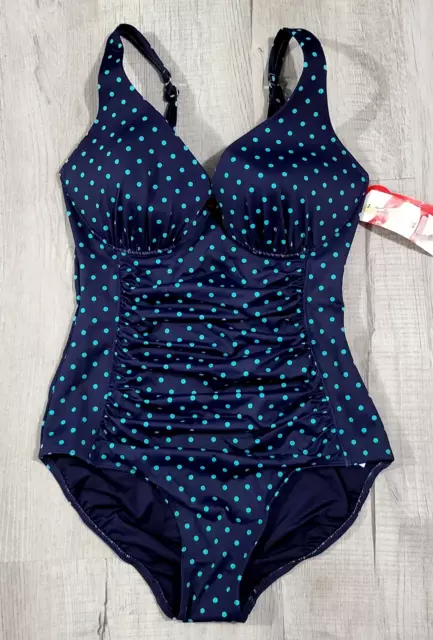 Spanx navy/turquoise polka dot one-piece swimsuit women sz 12 NWT