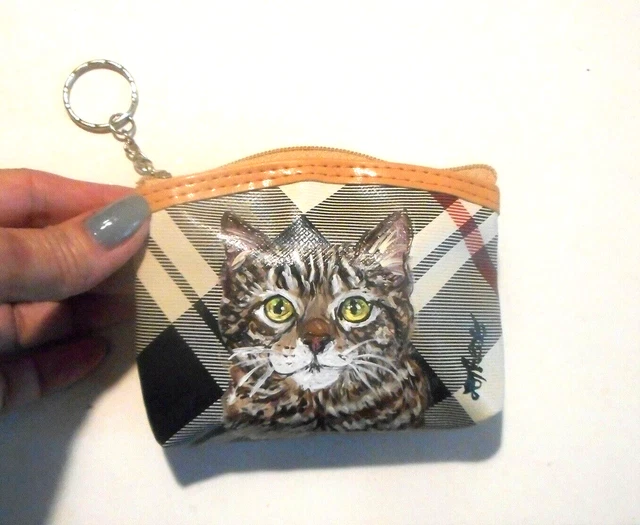 Tabby Domestic Cat Coin Change Purse with Key Chain Hand Painted
