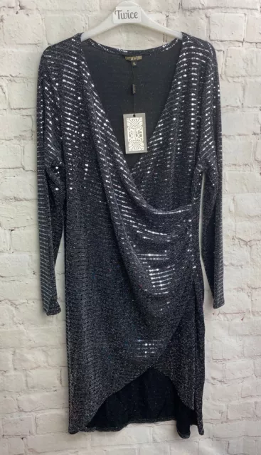 BIBA BNWT Black & Silver Sequin Wrap Dress Size M