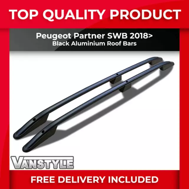 Fits Peugeot Partner Swb 18> Black Aluminium Roof Bars Rails Rack No Drill Set