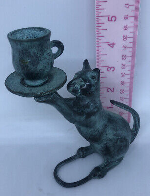Vtg Cat Figurine Candle Holder Holding Cup & Saucer Heavy Brass/Bronze Patina