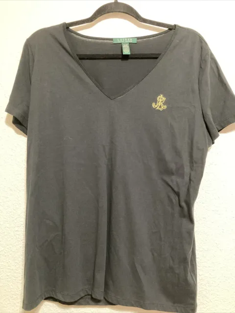 Lauren Ralph Lauren Womens Shirt Sz XL Black V Neck T Short Sleeve Monogram Logo
