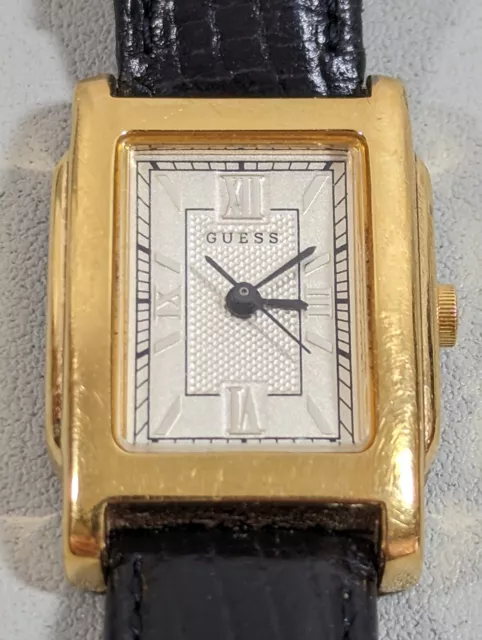 GUESS SILVER TONE Dial Gold Tone Rectangle Case Black Leather Band ...