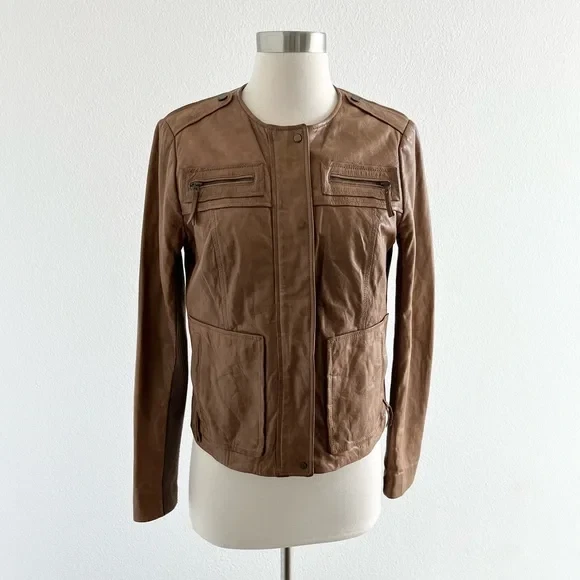 Vince Women's Leather Moto Biker Jacket Cognac Brown Small S