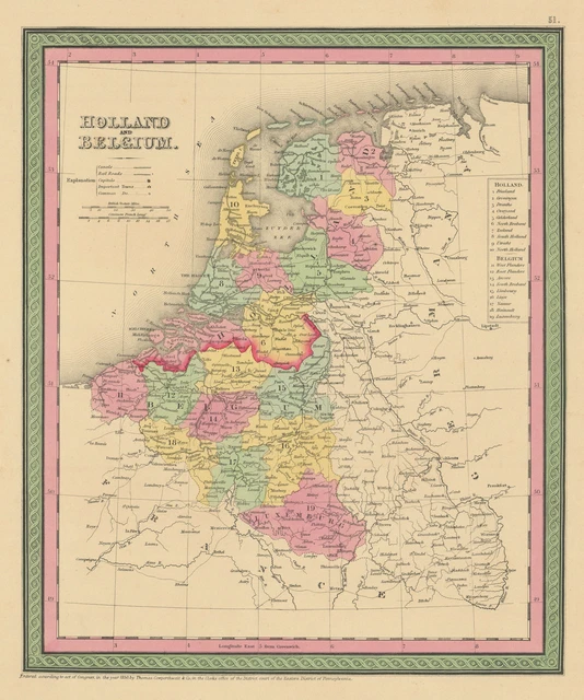 Holland and Belgium. Netherlands Luxembourg. THOMAS, COWPERTHWAIT 1852 old map