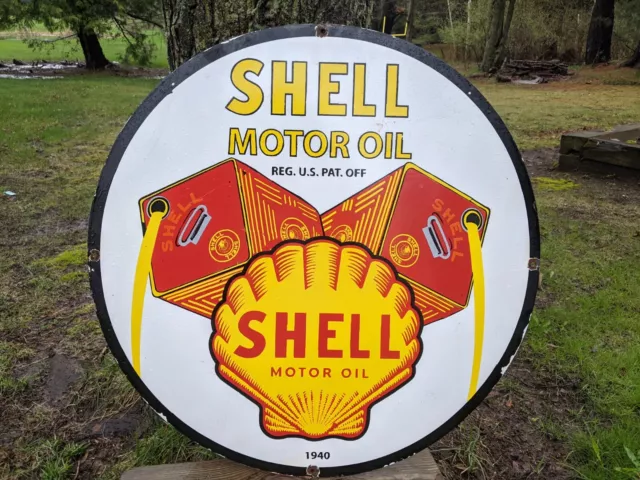 Large Vintage 1940 Shell Motor Oil Porcelain Gas Station Pump Gasoline Sign 30"