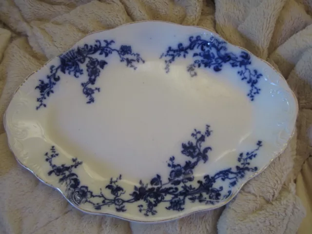 Antique WH Grindley Porcelain Flow Blue Scalloped Oval Serving Tray Platter Gold