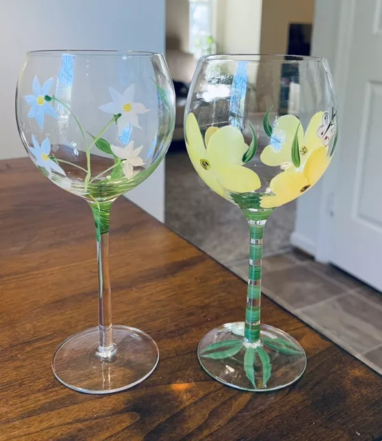 2 beautiful hand-painted floral stemmed goblets!!!unique design