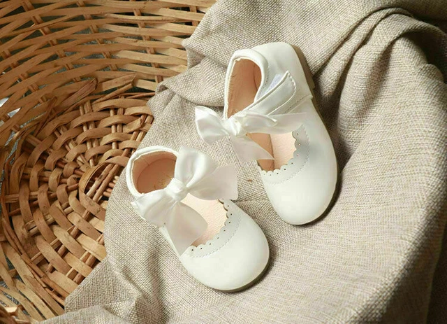 Scarpe Fiocco Spagnole Patinate Bianco Rosa Festa Matrimonio Bambina Fiore 6