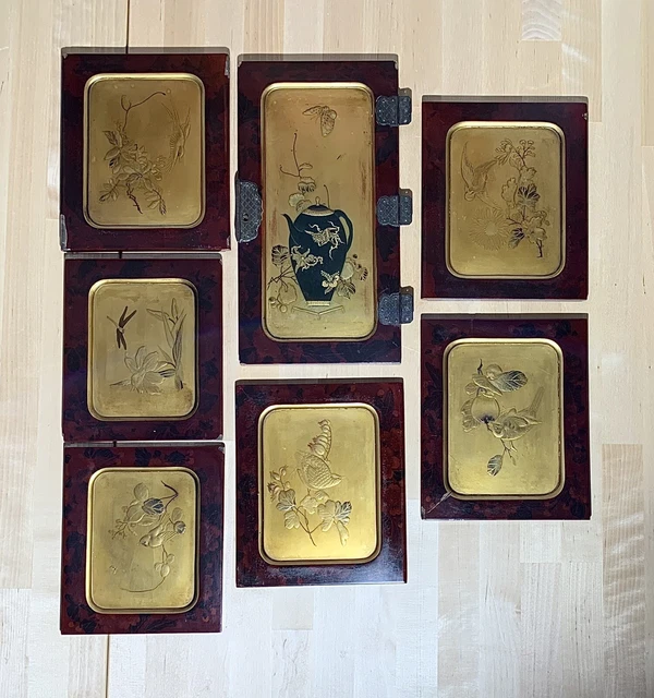 7 JAPANESE LACQUER CABINET PANELS DOORS MEIJI 19th Century BIRDS INSECT FLOWERS