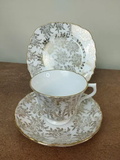 Vintage, 1950s, Royal Vale, Tea Cup, Saucer & Side Plate Trio, Gold Floral