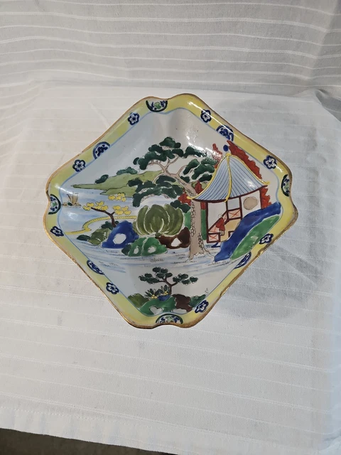 Nippon Hand Painted Green Yellow Red & Raised  Large Bowl Circa Early 20 Century