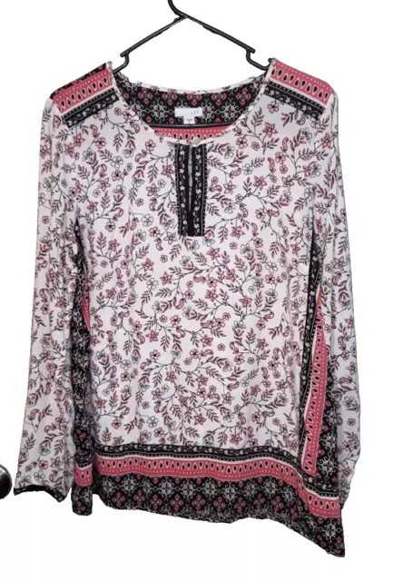 Blusa floral blanca J. Jill para mujer talla M manga larga ojo cerradura boho carrera fluida