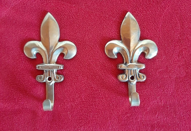 Vintage pair of 2 French brass wall coat hat hook Fleur de lys bronze gold color