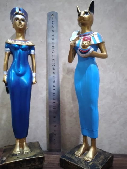 Set of 2 Egyptian Queen Nefertiti Statue-Goddess Bastet Cat Isis Blue Finish 12"