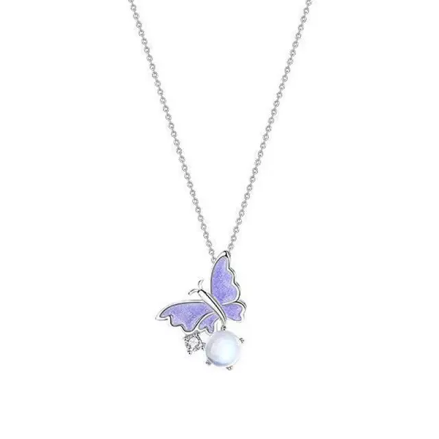 Purple Sparkling Diamond Bubble Butterfly Pendant Necklace Women Sweet Clavicle