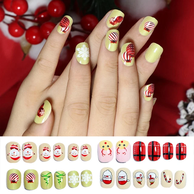 Girls Stick On False Nails Christmas Kids Children Pre Glued Press On Fake Nail