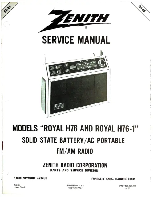 Original Zenith Service Manual For Royal H76 + H76-1 Radio