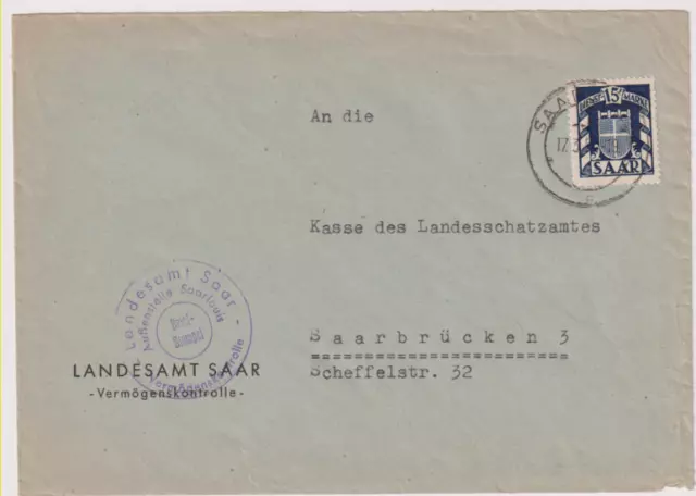 Saarland MiNr 40 Dienstmarke Saarlouis nach Saarbrücken
