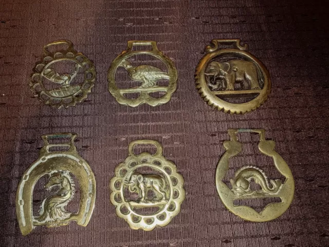 Mixed Lot Of 6 Vintage Brass Horse Harness Medallions Elephant Pheasant Horn