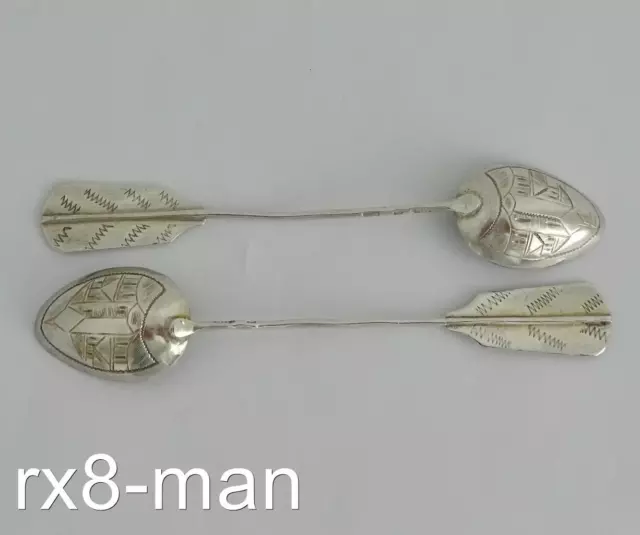 1873 Antique Russian Solid Silver Pair Of Picture Back Tea Or Coffee Spoons