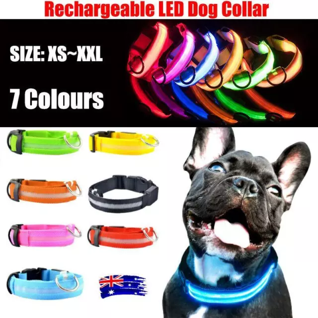 USB Rechargeable LED Dog Collar Nylon Glow Flashing Light Up Safety Pet Collars