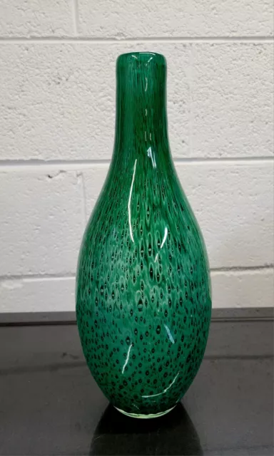 Mid Century Modern Vintage Hand Blown Studio Art Glass Vase Vessel Green 1960s