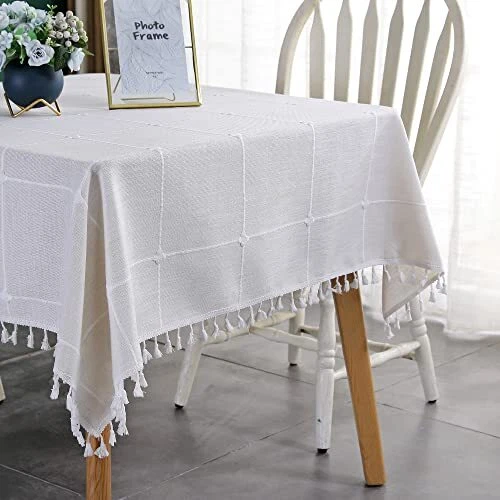 Farmhouse Checkered Embroidery Lattice Square Tablecloth with Tassel Heavy Du...