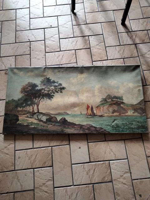 Tableau Ancien Marine Bateau Huile Signée à Restaurer Fin XIXe