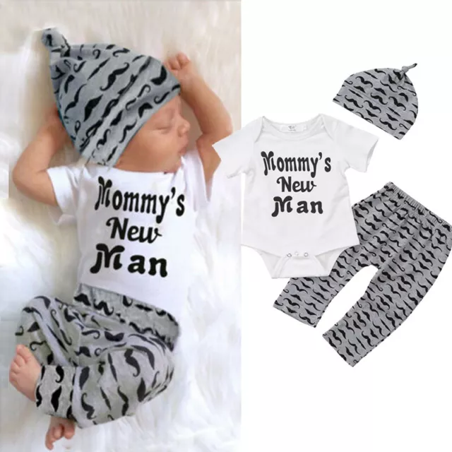 Newborn Baby Boys Outfits Short Sleeve Print Romper Jumpsuit Pants Hat Clothes