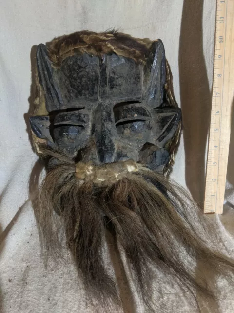 Ceremonial Mask with Beard of Fur and Hair — Authentic Carved African Wood Art