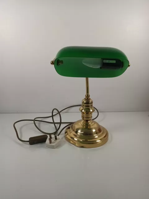 Vintage Green Glass Bankers Desk 13'' Lamp Brass Retro Office England Corded