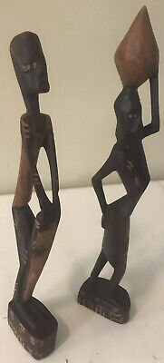 12" Set Pair African Wood Carving Man Woman Carved Folk Art Tribal Figures Haiti