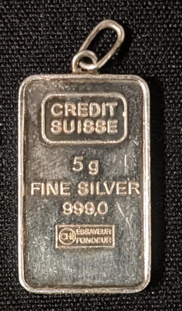 5 gram Credit Suisse .999 Fine Silver Bar / Pendant ~ Scarce ~ 5g Charm
