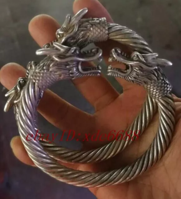 A-pair-Chinese-Miao-silver-dragon-cuff-Bangle-bracelet AAAA