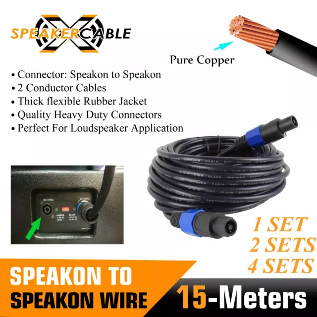 15 Meter Pro Speakon M-M Male 2-Core OFC Speaker Lead Link Cable Cord Audio Wire