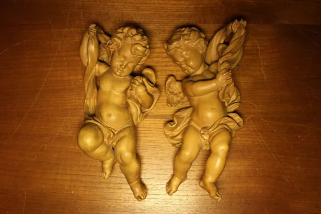 Anri Pair 11" Wood Hand Carved Carving Angel Putto Cherbu Italy Statue Figure