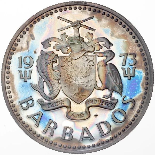 1973 Barbados Five 5 Dollars Silver Proof Color Unc Monster Neon Blue Toned (Dr)